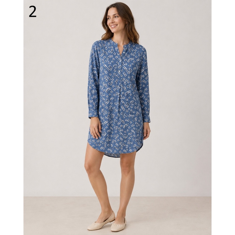 Lands End x Draper James Denim Floral Tunic Shirt Dress Women Medium Blue Cotton